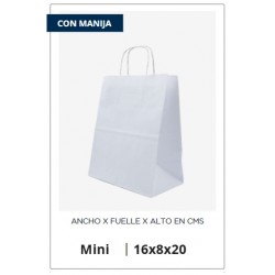 BOLSA PAPEL MINI BLANCA 16 X 8 X 20 C/MANIJA CORDON