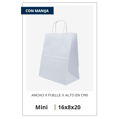 BOLSA PAPEL MINI BLANCA 16 X 8 X 20 C/MANIJA CORDON