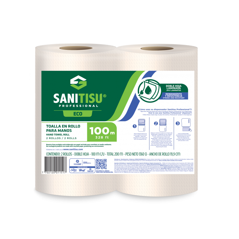 TOALLA MANOS ROLLO NATURAL HD X 100 MTS SANITISU  PACA X 6