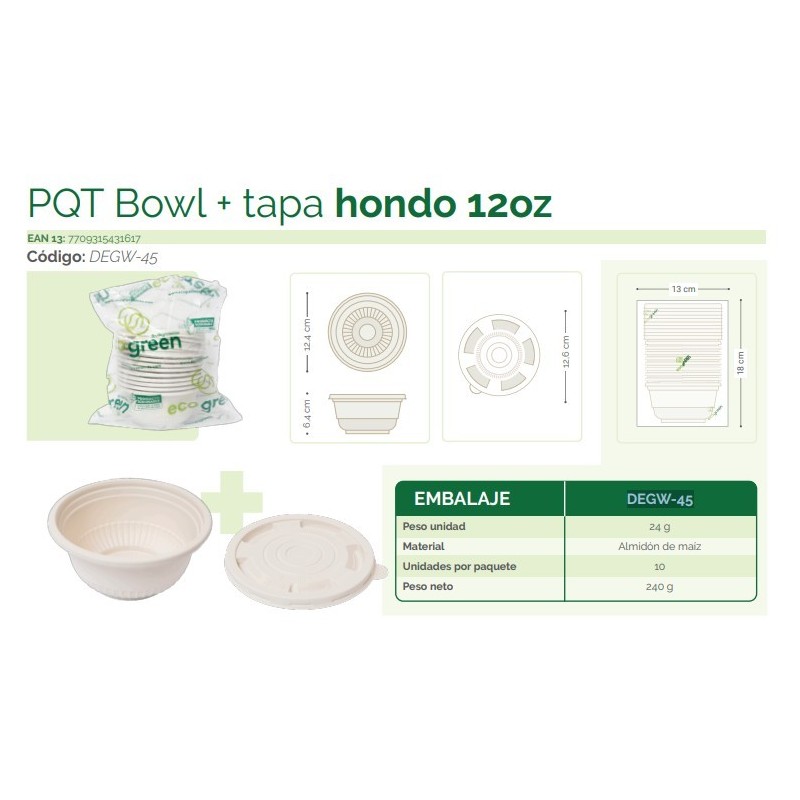 CONTENEDOR ECOGREEN 12 ONZ CON TAPA X 10