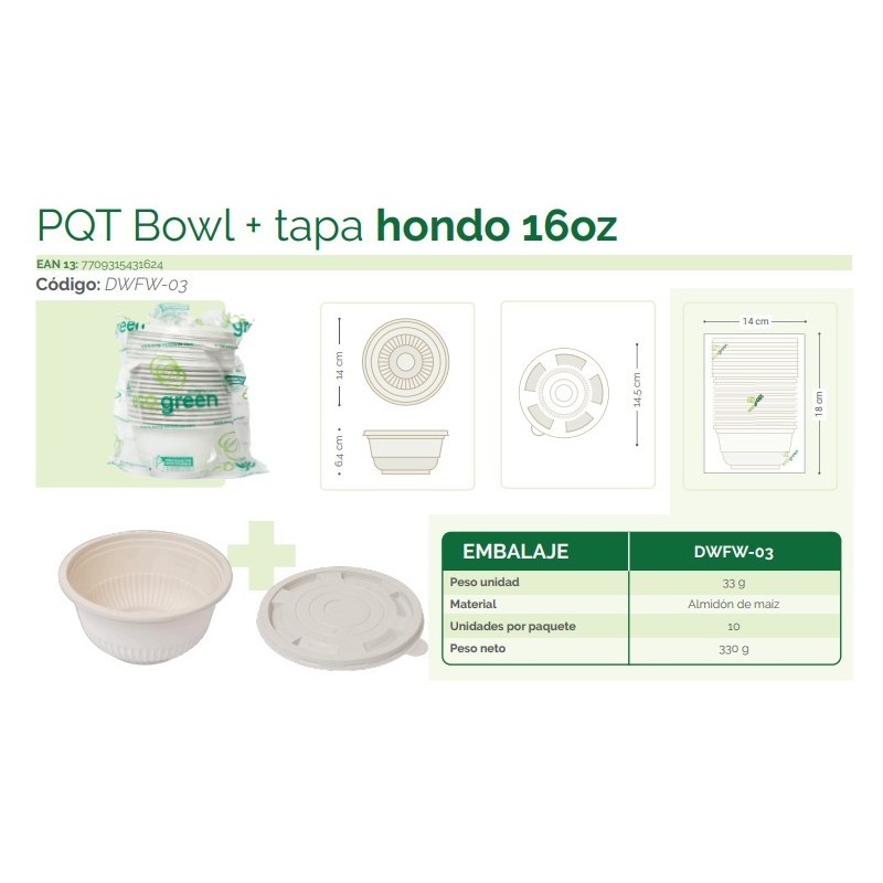 CONTENEDOR ECOGREEN 16 ONZ CON TAPA X 10