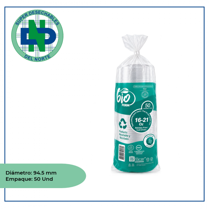 TAPA VASO BIOFORM 16-21 OZ RIGIDA PITILERA RPET PQX50